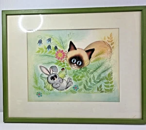 Stampa gatto e coniglietto siamese George Buckett 1967 opaca e verde 12 x 15 con cornice - Foto 1 di 11