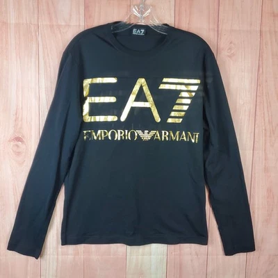 EA7 Emporio Armani Shirt Mens Small Black Graphic Cotton Crew Neck Long Sleeve - Image 1 of 4