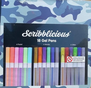 Scribblicious 18 Gel Pens 6 Pastel Metallic Glitter Camo Art Metal Tin Pen Set - Picture 1 of 2