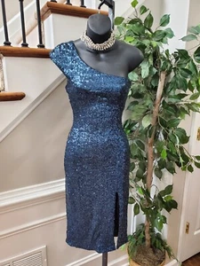 Allen Schwartz Women Blue Sequin Nylon One Shoulder Knee Length Dress X-Small - Picture 1 of 9