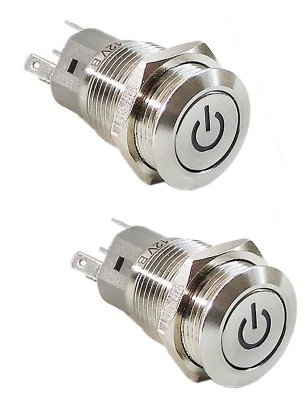 2pcs 16mm WHITE LED  Marine Car Stainless Steel Push POWER On/Off Button Switch  - Image 1 of 2