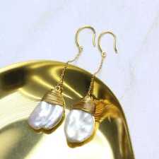 New  White Baroque Freshwater Pearl Coin Pearl Earrings 18k Chain Eardrop