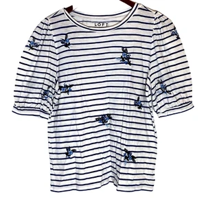 LOFT Women's White Blue Striped Embroidered Flowers Top Round Neck Size M - Picture 1 of 7