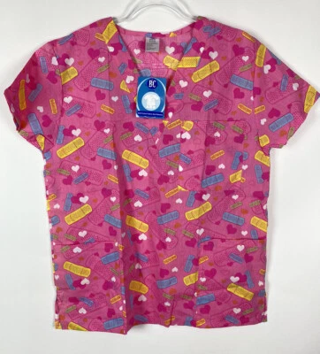 BC Scrubs Top Women's Size M Pink Bandages Hearts 3 Pkt Medical Nursing NWT - Image 1 of 4