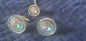 Vintage SILVER Plated Cufflinks And Tie Clip Set Rivoli Crystal - Picture 1 of 3