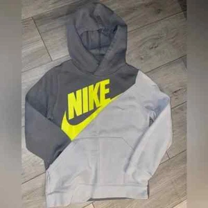 Nike Boys Gray Yellow Hoodie Hooded Sweatshirt Pullover - Size Small Preowned - Picture 1 of 2
