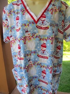 U A Scrubs Brand SCRUB TOP Size M - Happy Holiday Snowman Pattern - Picture 1 of 4