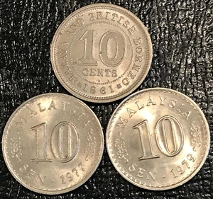 LOT OF 3 HIGH GRADE 1961H,1977,1979 MALAYSIA MALAYA 10 CENTS/SEN COINS-DEC111 - Picture 1 of 2