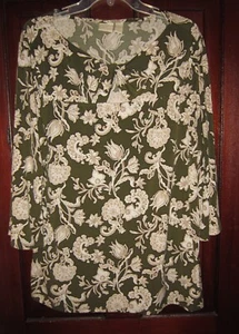 Blusa túnica elástica Chico's 3 XL estampado floral verde ojo de cerradura retorcido - Imagen 1 de 3