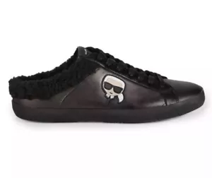KARL LAGERFELD Lace-Up Leather Fur-Trim Backless Sneakers 11 NIB Logo Mule P$275 - Picture 1 of 13