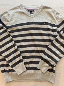 Tommy Hilfiger Pullover Herren XL grau Preppy Urban Stripe V-Neck Pulli Strick - Bild 1 von 5