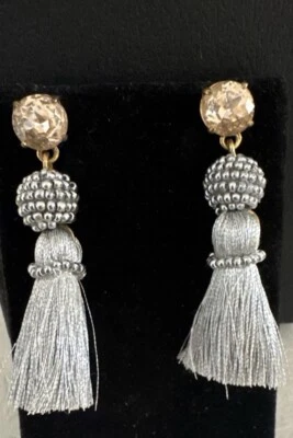 J Crew Earrings Tassels Silver Silk Thread Pink Rhinestone 2” Beaded Metallic - Image 1 of 2