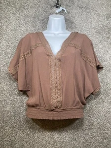 Self Esteem Womens XL Crochet-trim Top Tie Back Crepe Smocked Waist Brown Boho - Picture 1 of 13