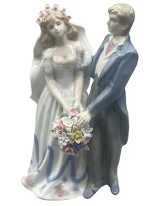 Hochzeit Braut Bräutigam Figur Porzellan Floral Blau Weiß 9" Dekoration LESEN - Bild 1 von 5