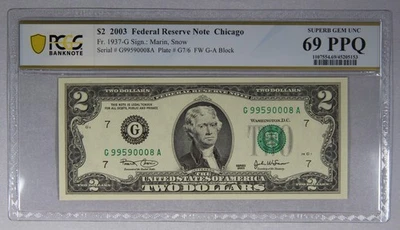 $2 2003 Federal Reserve Note Chicago Fr. 1937-G Sign.: Marin, Snow PCGS 69PPQ - Image 1 of 3
