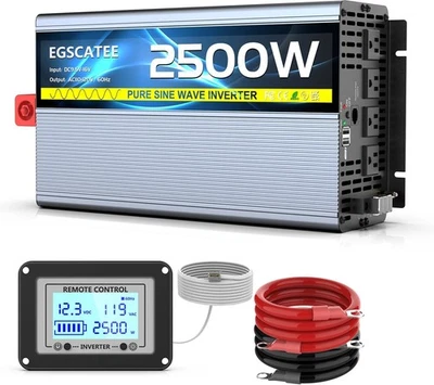 12V 2500W Pure Sine Wave Inverter 12V DC to 110V/120V AC Converter 4AC Outlets - Image 1 of 4