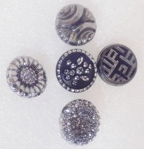 Lot of 5 Silver Luster Black Glass Buttons Lacy Diamond Flower Swirls SL3 - Picture 1 of 3