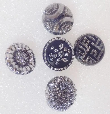 Lot of 5 Silver Luster Black Glass Buttons Lacy Diamond Flower Swirls SL3 - Image 1 of 3