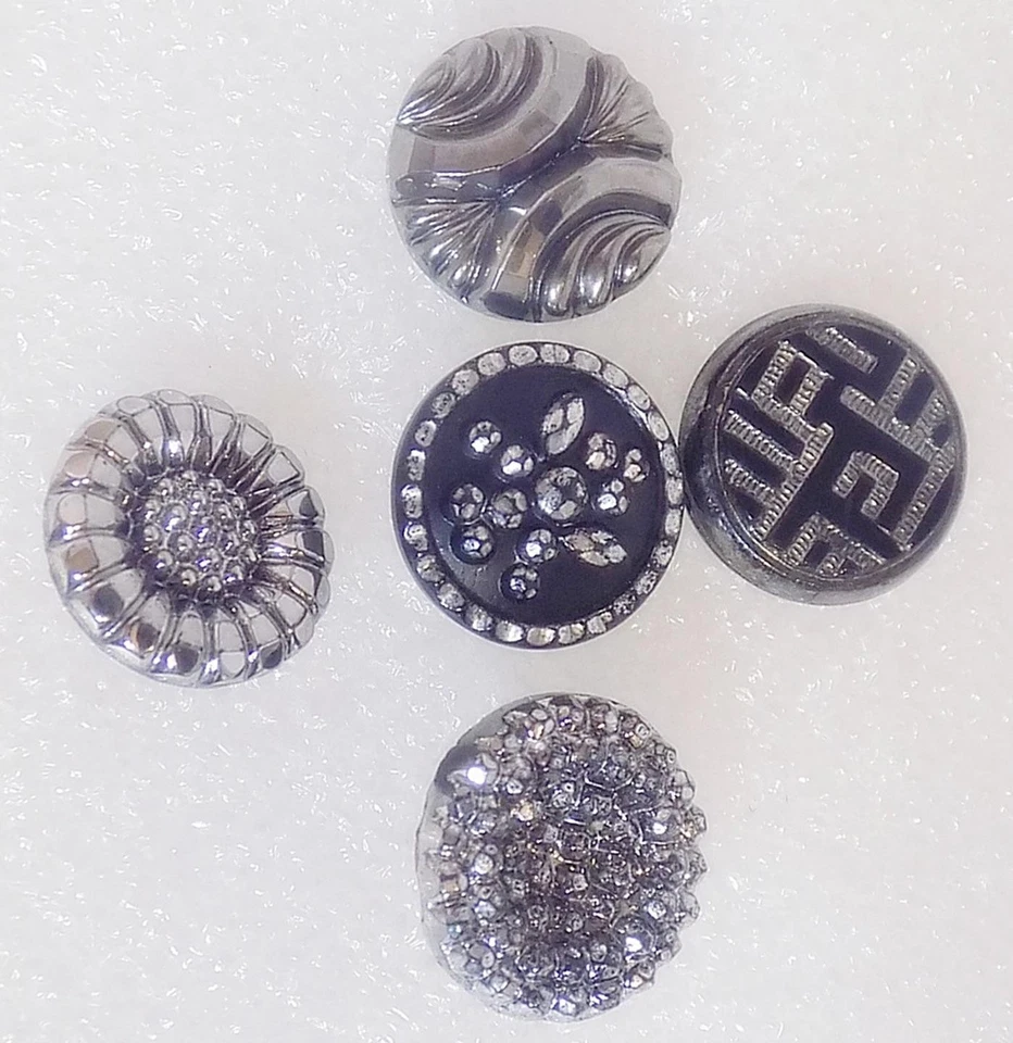 Lot of 5 Silver Luster Black Glass Buttons Lacy Diamond Flower Swirls SL3 - Image 1 of 3