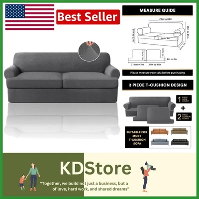 Funda de sofá gris de 3 piezas elástica para sofás con cojín en T Foto 1 de 4