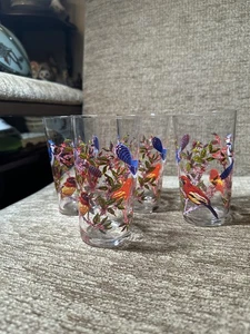 Set Of 4 Bird Water Glass Small Tumbler Arcoroc France Blue Jay Baltimore Oriole - Picture 1 of 4