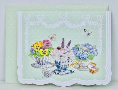 CAROL'S ROSE GARDEN Teacups Flowers SINGLE Note Card CAROL WILSON FINE ARTS - Image 1 of 2