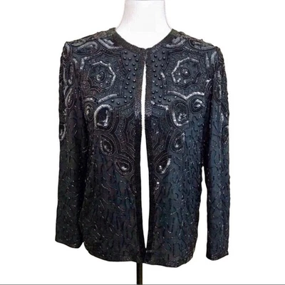 Adrianna Papell Evening Jacket Beaded & Sequined Black Silk Formal - Image 1 of 4