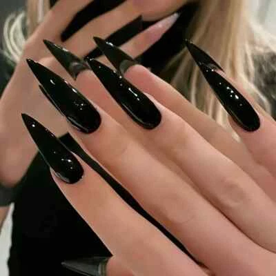 24 piezas Negro Ultra Largo Estilo Gótico Largo Punta Larga Prensado en Uñas, Halloween Foto 1 de 4