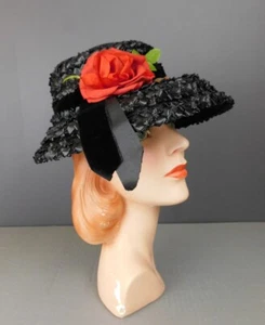 Vintage Black Straw Wide Brim Hat with Large Red Rose and Velvet Trim, 21 inch - Picture 1 of 9