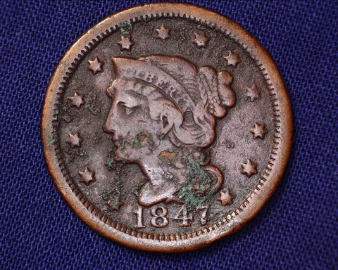 1847 Large Cent Braided Hair Nice Detail Some Verdigris # LC225 Cover