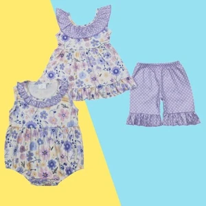 Baby Girls Sibling Sister Purple Floral Shorts Set Romper - Picture 1 of 6