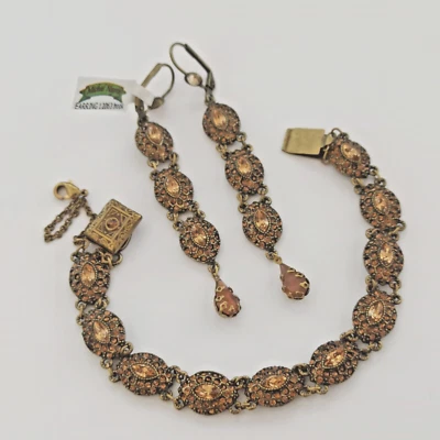 Michal Negrin Set Light Brown Bracelet Long Earrings Cocktail Elegant Classic - Image 1 of 4