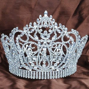 Pageant 7" Tiara Silver Crown Clear Rhinestones Wedding Bridal Party Costumes - Picture 1 of 9