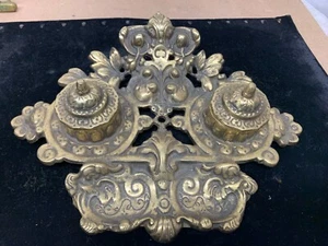 Antike Jugendstil Doppelschale 10,5" prächtig verziert Messingguss Tintenfass - Bild 1 von 10