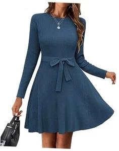 Women's 2024 Casual Dress Crewneck Tie Waist Fall Ribbed Dress Large Dark Blue - Picture 1 of 7