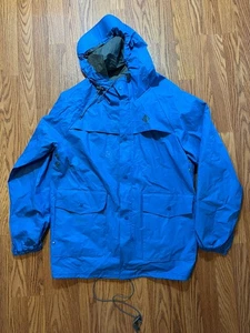 Columbia VINTAGE Men’s Medium Hooded Rain Jacket Blue Vented PVC With Hard Brim - Picture 1 of 5