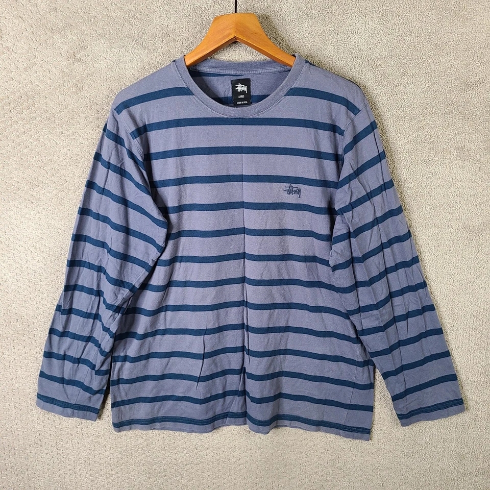 Camisa Stussy Para Hombre XL Gris Azul Rayas Manga Larga Algodón Cuello Redondo Foto 1 de 4