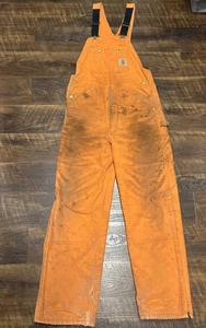 Carhartt Distressed Mens Quilt-Lined Duck Bib Overall BLAZE ORANGE R02 BLZ USA - Picture 1 of 19