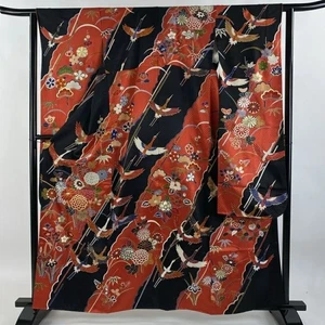 Woman Japanese Kimono Furiosode Silk Crane Chrysanthemum Gold Foil Red 160.5cm - Picture 1 of 5