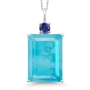 925 Sterling Silver Green Turquoise and Created Sapphire Pendant Necklace For - Picture 1 of 4