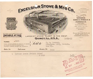 Graphic 1935 Billhead Excelsior Stove Manufacturing Co Quincy Il to Nevada - Imagen 1 de 1