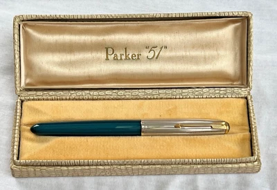 1950s Teal Blue Parker 51 Rolled Silver Fountain Pen, 14K Nib, Boxed, Working - Image 1 of 4