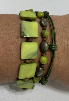 Retired Silpada Bracelet B1132 Green Mother of Pearl Leather Pyrite Tiger Eye - Image 1 of 3