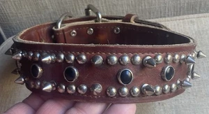 Vintage Large Brown Leather Spiked Studded Adjustable Dog Collar 1 3/4” x 27.5” - Picture 1 of 19