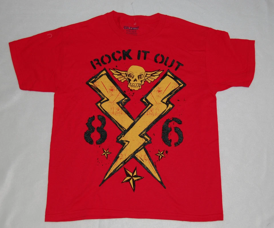 Boys tee shirt Gildan ROCK IT OUT Skull Lightning Bolt RED XL 14-16 - Image 1 of 1