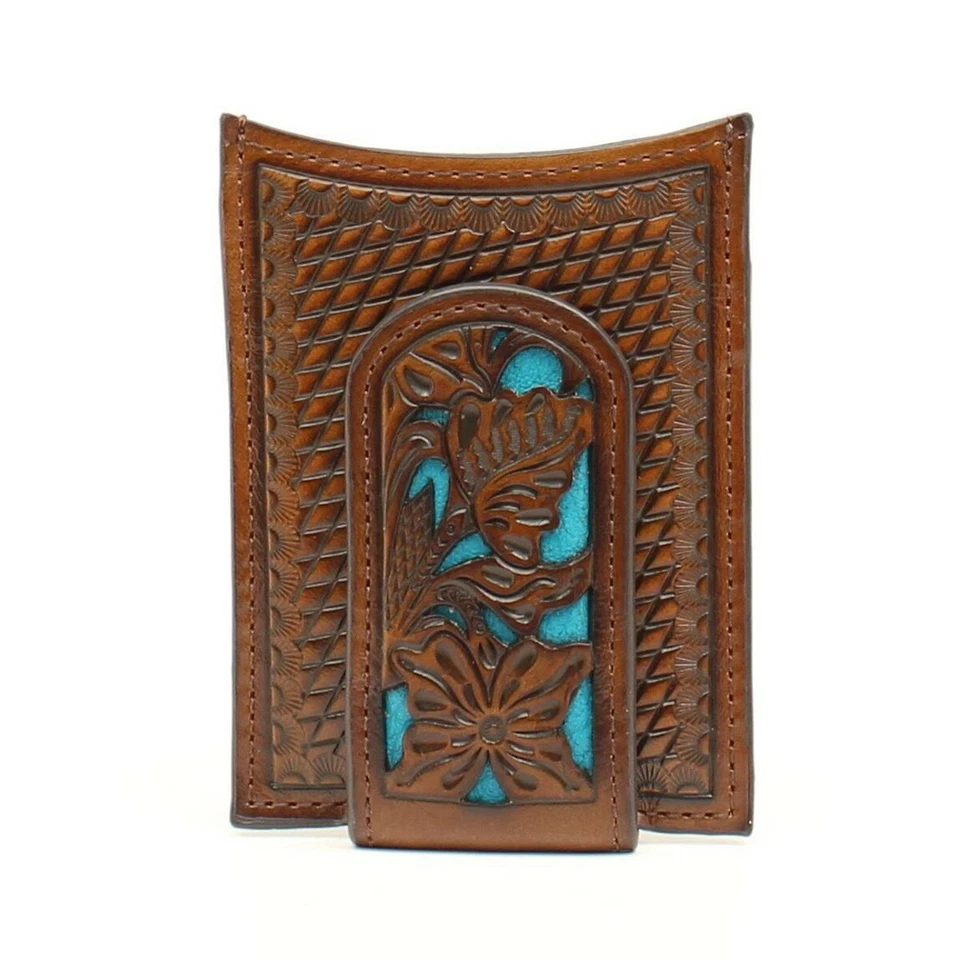 Nocona Men's Floral Tooled & Blue Underlay Money Clip Wallet N5426527 - Изображение 1 из 1