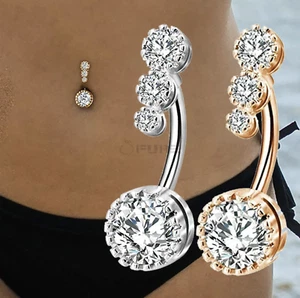 Rose Gold Silver 316L Surgical Steel Belly Bars Clear Cubic Zirconia Navel Rings - Picture 1 of 49
