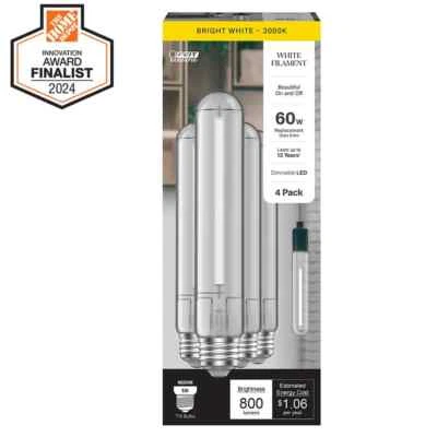 Feit Electric 60W T10L Vintage Edison Bulb, Dimmable, 3000K Bright White(4-Pack) - Image 1 of 4