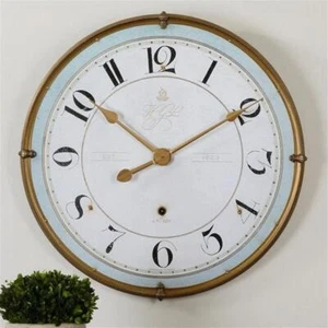 Maklaine Metal Wall Clock with Around Inner Edge in Antique Gold/Pale Blue - Picture 1 of 2