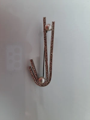 Bella Vecchia Spilla, 835 Argento Con Marcasite E Perla, 6,5cm - Immagine 1 di 4